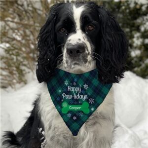 Personalized Happy Paw-lidays Green and Blue Plaid Dog Bandana