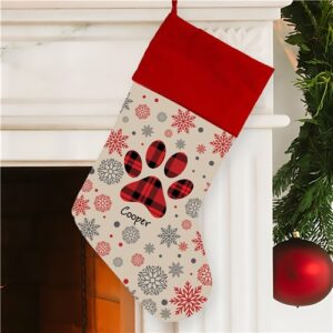 Personalized Plaid Paw print with name and snowflakes Stocking Red Cuff
