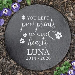 Personalized Paw Print On Our Hearts with Heart and Paws Slate Round Garden Stone