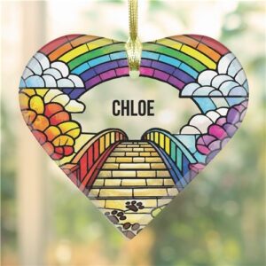 Personalized Rainbow Bridge Faux Stained Glass Heart Glass Ornament