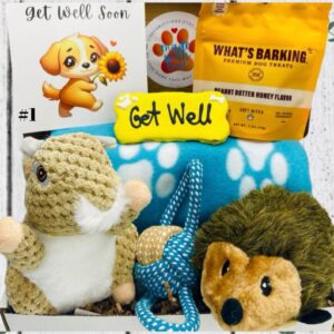 Gift Box Includes the following: Blue Buffalo All Natural Health Bars - Baked with Apples & Yogurt Get Well Dog Cookie All Natural Ingredients Milk Bone Pill Pouches with Real Chicken Nurse Quackers Dog Toy - Squeaks when Squeezed weight 5x7” Celtic Knot Tie Rope Toy - 3 inch diameter Get Well Note Card Gift Box