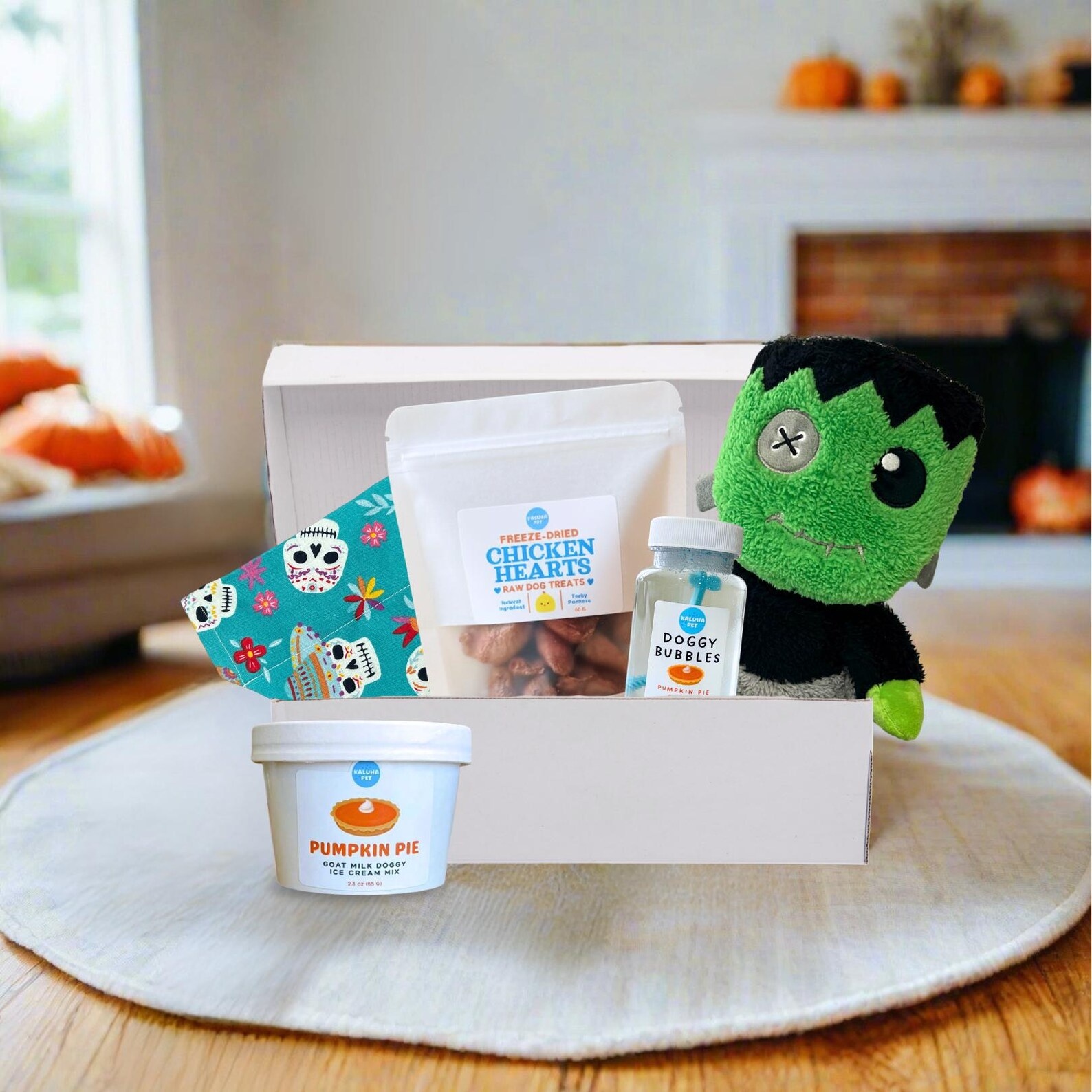 Dog Halloween Gift Box | Doggy Trick-or-Treat Box | Pumpkin Pie Dog Ice Cream, Treats, Bubbles & Bandana