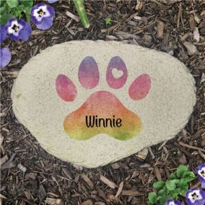 Personalized Watercolor rainbow filled Paw print with Name Flat Garden Stone