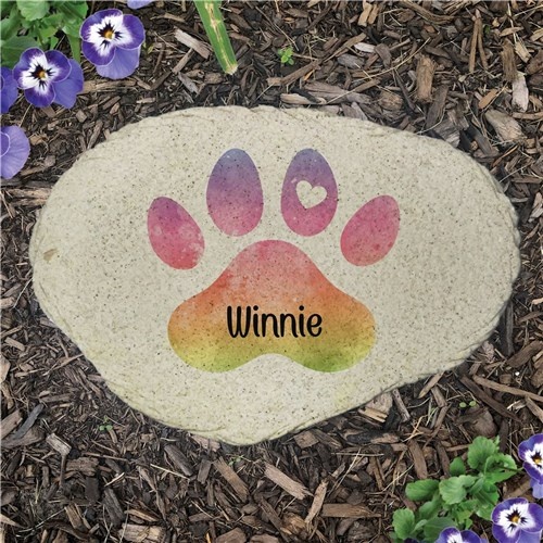 Personalized Watercolor rainbow filled Paw print with Name Flat Garden Stone