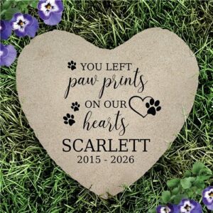 Personalized Paw Print On Our Hearts with Heart and Paws Flat Heart Garden Stone